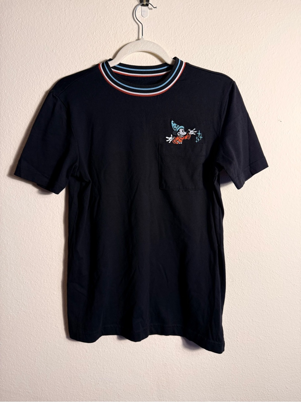 Disney Women's Black Short Sleeve Tee with Sorcerer Mickey Pocket Embroidery